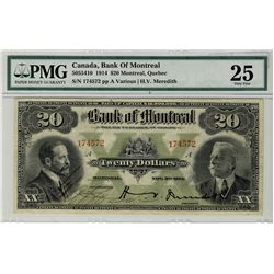 The Bank of Montreal 1914 $20 #174572 CH-505-54-10, PMG VF25.Catalogue Value:  425
