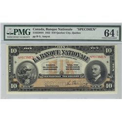 La Banque Nationale 1922 $10 Specimen CH-510-220-04S PMG CH UNC64EPQ.Catalogue Value:  375