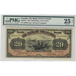 The Bank of Nova Scotia 1925 $20 #050918 CH-550-28-18 PMG VF25 Net.  Minor tear.Catalogue Value:  20