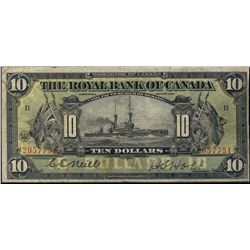 The Royal Bank of Canada 1913 $10 #2957751 CH-*630-12-08.  Popular ship note, F/VF.Catalogue Value: 