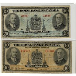 The Royal Bank of Canada 1935 $10 CH-630-18-04 & $20 CH-630-18-06a.  Lot of 2 notes VG to Fine.Catal