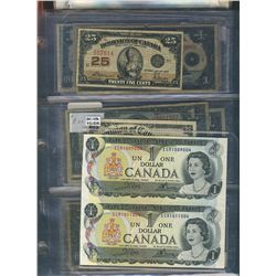 Dominion bank 1900 25¢ to Bank of Canada 1986 $2 Banknote Lot.  Includes 1900 25¢(2), 1923 25¢, 1935