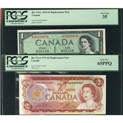 1954 $1 BC-37bA #*DO VF35 & 1974 $2 BC-47aA #*BA PCGS Gem UNC65.  Lot of 2 PCGS graded notes.Catalog