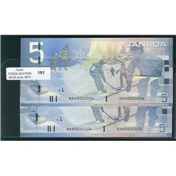 2006 $5 BC-67b-i #HAB0000505 & HAA0000005.  Lot of 2 low serial number notes both sharp EF.Catalogue