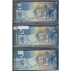 Bank of Canada 2005-2010 $5 Banknote Lot.  Includes Insert/replacement issues.  48 notes mainly UNC.