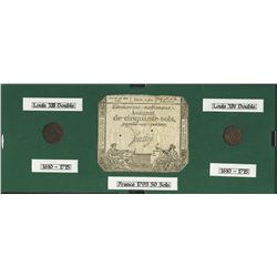 Lot 1: Includes 1793 Assignat de cinquante Sols in frame with 1610-1715 Louis XIII & Louis XIV Doubl