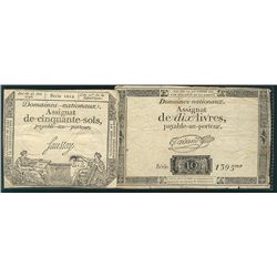 Lot 3:  Includes 1793 Assignat de Cinquante Sols & Dix Livres.  VF for type.Catalogue Value:  75