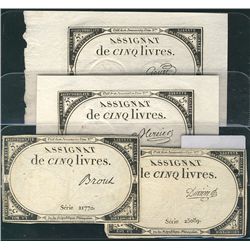 Lot 4:  Includes Assignat de Cinq Livres VF(2) & Cinq Livres(2) Crisp UNC with Strong Seal imprint.C