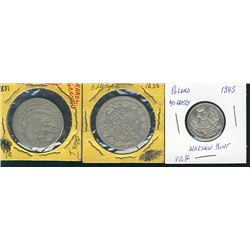 Poland; 1831KG, 1838MW 5 Zlotych & 1845MW 40 Groszy-20 Kopeks.  Lot of 3 coins VG to Fine for grade.