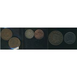 US 1835 Half Cent (F12), 1817 1¢(VG), 1899 1¢(VG), 1867, 1868 2¢ (F12) & 1865 3¢(VG).  Lot of 6 coin