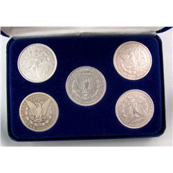 US Morgan Silver Dollar Collection, includes 1879 EF, 1883O EF, 1884S VG, 1889 EF  & 1892O VF.  Lot 