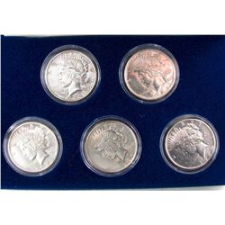 US Peace Dollar Collection, includes 1922D, 1923D, 1923S, 1924 & 1925 all EF, lightly polished.  Lot