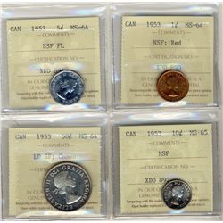 1953 Partial Year Set, includes 1¢ NSF MS64RD, 5¢ NSF FL MS64, 10¢ NSF MS65 & 50¢ LD SF MS64 Cameo. 