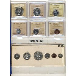 RCM, 1959 Proof Like Set.  All coins ICCS graded PL66 with exception of 25¢ PL67 & 5¢ PL65.  Some wi
