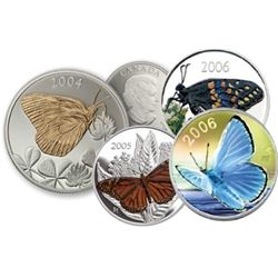 RCM Lot; Proof Silver 50¢ butterfly Series 2004 Clouded Sulphur, Tiger Swallowtail, 2005, Monarch, F