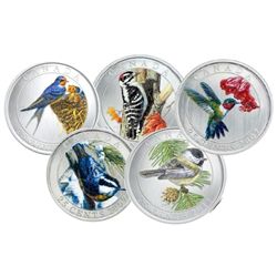 RCM Lot; Proof Silver 25¢ Bird Series 2007 Hummingbird, Nuthatch, 2008 Woodpecker, Cardinal, 2011 Ba