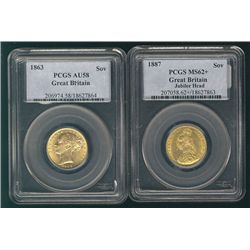Great Britain 1863 Gold Sovereign AU58 & 1887 ms62+. Lot of 2 PCGS graded coins.Catalogue Value:  10
