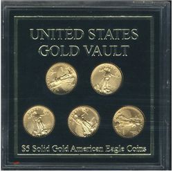 US 2007 $5 American Eagle Gold Coins set.  5 pcs in rigid holder entitiled United States Gold Vault.