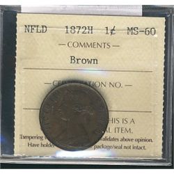 Nfld 1872H 1¢ ICCS MS60BN.Catalogue Value:  140