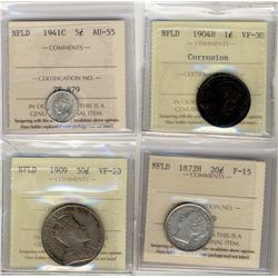 Nfld 1904H 1¢ VF30 Corrosion, 1941c 5¢ AU55, 14872H 20¢ F15 & 1909 50¢ VF20.  Lot of 4 ICCS graded c