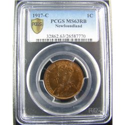 Nfld 1917C 1¢ PCGS MS63RB, rare date in Choice Uncirculated.  A nice example.Catalogue Value:  400