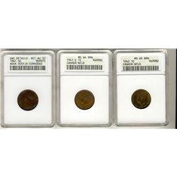 Nfld 1941c 1¢ MS64BN, 1942 MS60BN & N.S. 1861 ½¢ Net AU50, Corroded.  Lot of 3 ANACS graded coins.Ca
