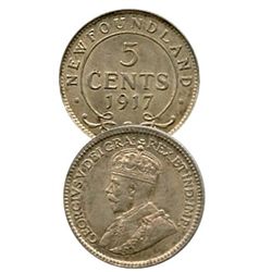 Nfld 1917C 5¢ CCCS MS63, lightly toned.  A scarce date in choice mintstate.Catalogue Value:  1500