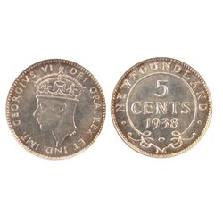 Nfld 1938 5¢ PCGS MS64.  Brilliant with hint of gold rim tone.Catalogue Value:  2000