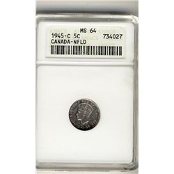 Nfld 1945c 5¢ ANACS MS64.  Scattered tones over mirror fields.Catalogue Value:  125