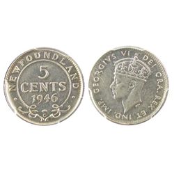 Nfld 1946c 5¢ PCGS AU55. Key issue with nice lustre.Catalogue Value:  2200