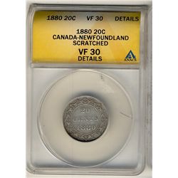 Nfld 1880 20¢ ANACS VF30 Details.  Designated scratch.Catalogue Value:  385