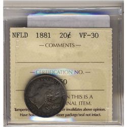 Nfld 1881 20¢ ICCS VF30.Catalogue Value:  310