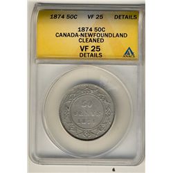 Nfld 1874H 50¢ ANACS VF25 Details.  Designated as cleaned.Catalogue Value:  200