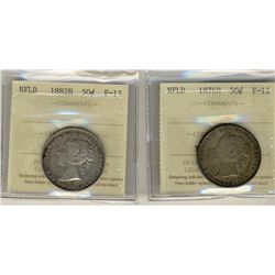 Nfld 1876H 50¢ & 1882H ICCS F12.  Lot of 2 coins.Catalogue Value:  160