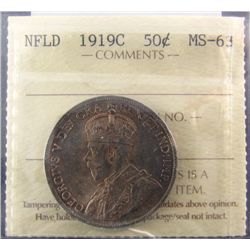 Nfld 1919C 50¢ ICCS MS63, Nice shades of gold, russet and green.  A scarce date.Catalogue Value:  12