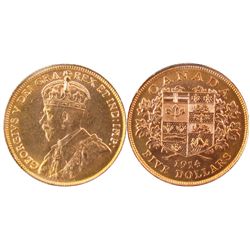 1914 $5 Gold Coin ICCS MS64.  Exquisite example with full strike and lustre.  Ex Bank of Canada issu