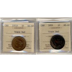 1859 1¢ Nar 9 & 1881H ICCS MS62 Trace red.  Lot of 2 coins.Catalogue Value:  230