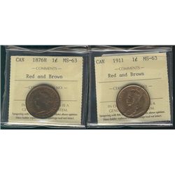 1876H 1¢ & 1911 ICCS MS63RB.  Lot of 2 coins.Catalogue Value:  200