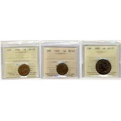 1887 1¢ & 1936 AU55 along with 1925 EF45.  Lot of 3 ICCS coins.Catalogue Value:  135