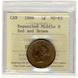1888 1¢ Repunch Mdl 8 ICCS MS63RB.Catalogue Value:  160