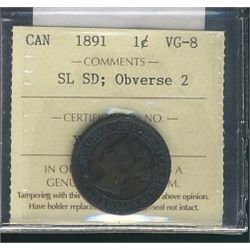 1891 1¢ Obv 2 SL SD ICCS VG8.Catalogue Value:  125