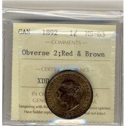 1892 1¢ Obv 2 ICCS MS63RB.Catalogue Value:  500