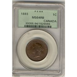 1893 1¢ PCGS MS63RB.  Subdued lustre.Catalogue Value:  150
