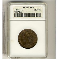 1894 1¢ ANACS MS60BN.  Lustrous with trace of red.Catalogue Value:  150