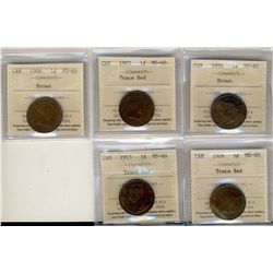 1896 1¢, 1903, 1906, 1909 & 1915 all ICCS MS60 Trace red to Brown.  Lot of 5 coins.Catalogue Value: 