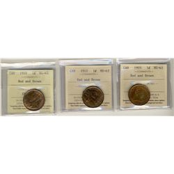 1903 1¢, 1912 & 1918 ICCS MS63RB.  Lot of 3 coins.Catalogue Value:  160