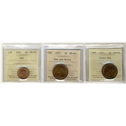 1911 1¢ & 1917 ICCS MS62 Trace Red and RB respectively. Also includes 1937 1¢ MS65RD.  Lot of 3 coin