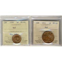 1911 1¢ & 1938 ICCS MS64RD.  Lot of 2 coins.Catalogue Value:  155