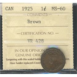1925 1¢ ICCS MS-60, brown Key date.Catalogue Value:  275