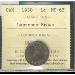 1930 1¢ ICCS MS-63 Lustrous Brown.Catalogue Value:  245
